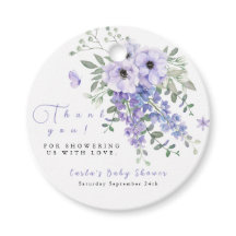 Lilac púrpura ducha de bebé floral Gracias etiquet