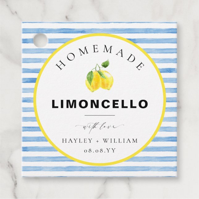 Etiquetas Para Recuerdos Limoncello de raya de acuarela azul (Anverso)