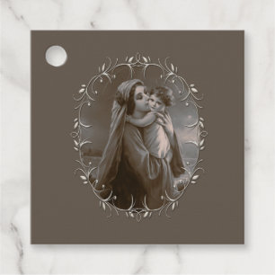 Etiquetas Para Recuerdos Madonna vintage y niño con marco plateado