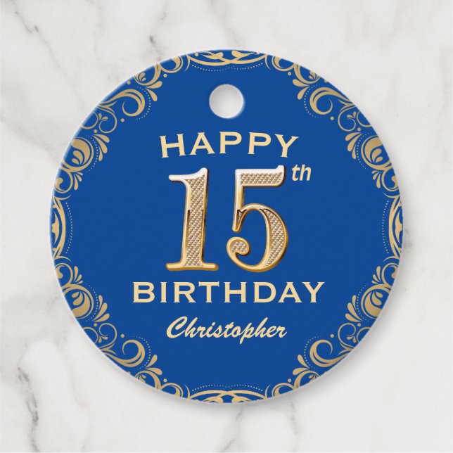 Etiquetas Para Recuerdos Marco Purpurina azul y oro de la fiesta de cumplea (Anverso)