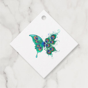 Etiquetas Para Recuerdos Mariposa con plumas de pavo real verde