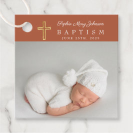 Etiquetas Para Recuerdos Moderna escritura terracota Foto Bautismo Gracias