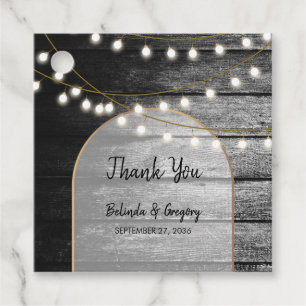 Etiquetas Para Recuerdos Moderna Rustic Black Wood Gold Lights Arch Boda