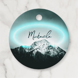 Etiquetas Para Recuerdos Monograma misterioso de neón azul de montaña nevad