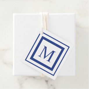 Etiquetas Para Recuerdos Monograma real de borde cuadrado azul y blanco