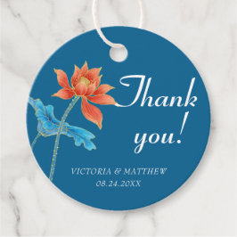 Etiquetas Para Recuerdos Naranja de Flores Lotus y Boda Azul Gracias