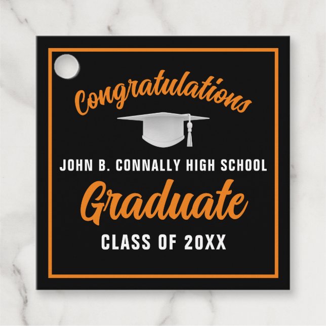 Etiquetas Para Recuerdos Naranja negro felicita al Personalizado graduado F (Anverso)