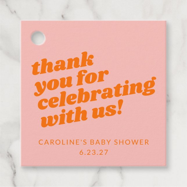 Etiquetas Para Recuerdos Naranja rosa moderno Retro Baby Shower Gracias (Anverso)