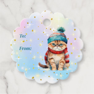 Etiquetas Para Recuerdos Naranja Tabby Cat con Gorra de Knit y bufanda