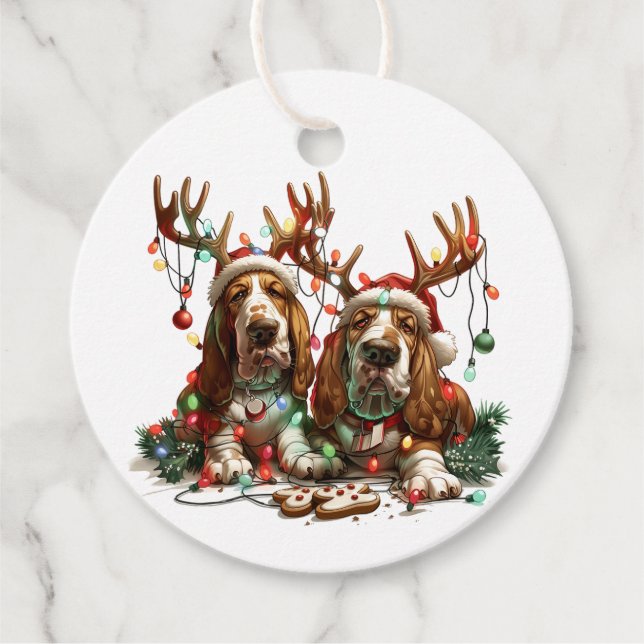 Etiquetas Para Recuerdos Navidades Basset Hound Dogs (Anverso)