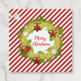 Etiquetas Para Recuerdos Navidades con ornamentos y franjas rojas