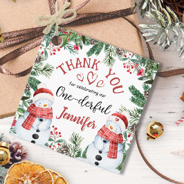 Etiquetas Para Recuerdos Navidades de Snowman en primer aniversario gracias