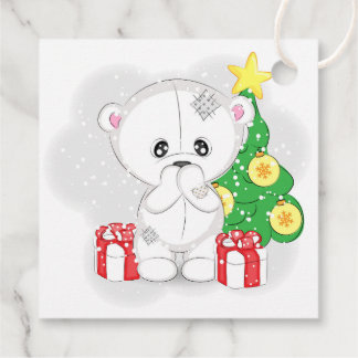 Etiquetas Para Recuerdos Osito de peluche blanco lindo y árbol de Navidad