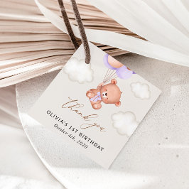 Etiquetas Para Recuerdos Oso Bebé, Globos Púrpura, Primer Cumpleaños