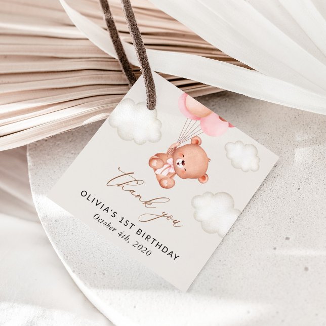 Etiquetas Para Recuerdos Oso bebé, globos rosados, primer cumpleaños (Subido por el creador)