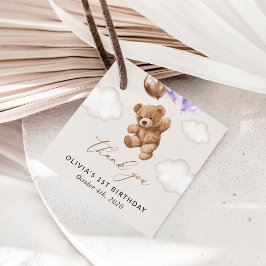 Etiquetas Para Recuerdos Oso de peluche, globos morados, primer cumpleaños