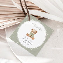 Oso de peluche, lazo, lunares verdes, primer cumpl