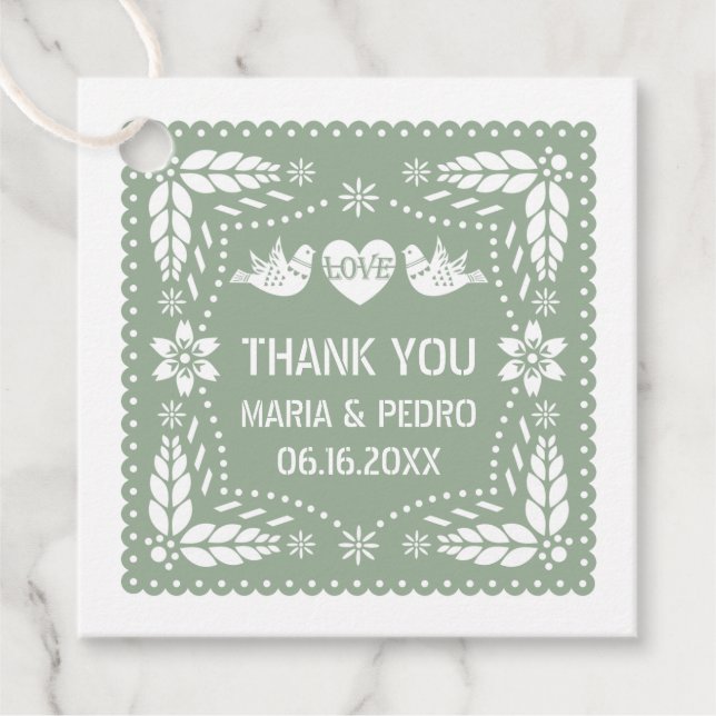 Etiquetas Para Recuerdos Papel picado amor pájaros sage verde boda fiesta (Anverso)