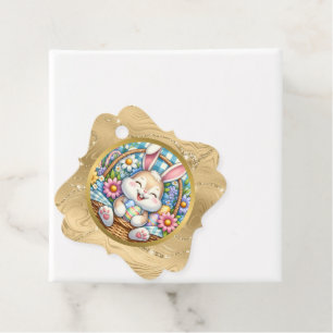 Etiquetas Para Recuerdos Pascua feliz con conejo, huevos y flores