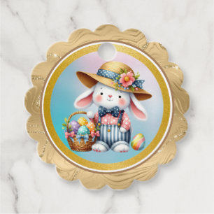 Etiquetas Para Recuerdos Pascua feliz con conejo, huevos y flores