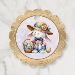 Etiquetas Para Recuerdos Pascua feliz con conejo, huevos y flores