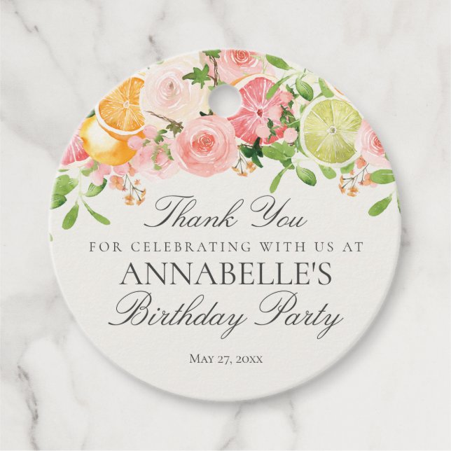 Etiquetas Para Recuerdos Pastel Citrus Floral Little Cutie Baby Shower (Anverso)