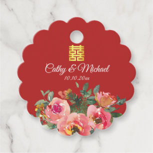 Etiquetas Para Recuerdos Peony floral doble felicidad boda chino rojo