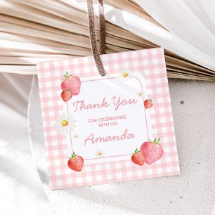 Etiquetas Para Recuerdos Pink Gingham Strawberry Birthday Party Square