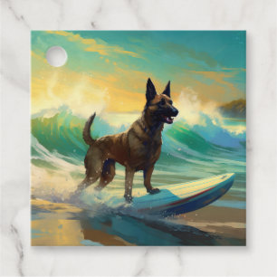 Etiquetas Para Recuerdos Pintura de surf en la playa con Malinois belga