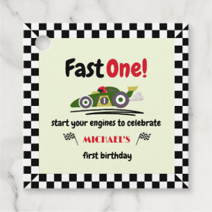 Etiquetas Para Recuerdos Primer cumpleaños Fast One Green Vintage Race Car