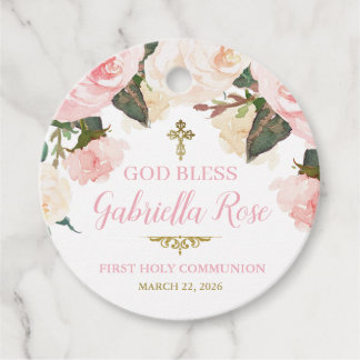 Etiquetas Para Recuerdos Primera Comunión y Bautizo, Floral Rosa Dorado