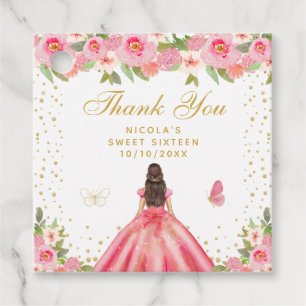 Etiquetas Para Recuerdos Princesa de cabello castaño con flores rosadas Swe