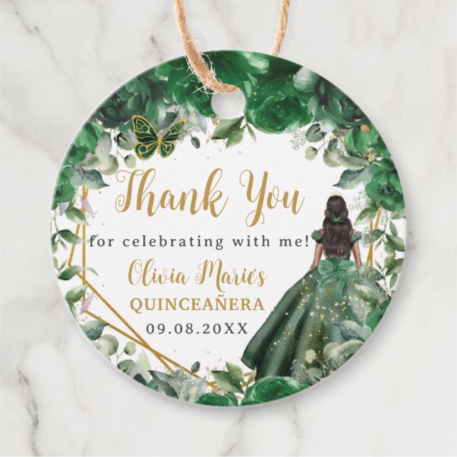 Etiquetas Para Recuerdos Princesa floral verde esmeralda Quinceañera dulce  (Anverso)