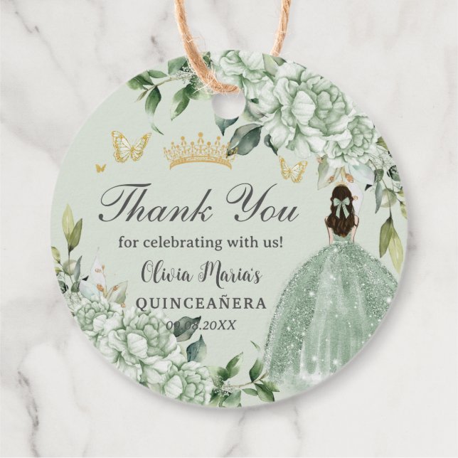 Etiquetas Para Recuerdos Princesa Floral Verde Sage Quinceañera (Reverso)
