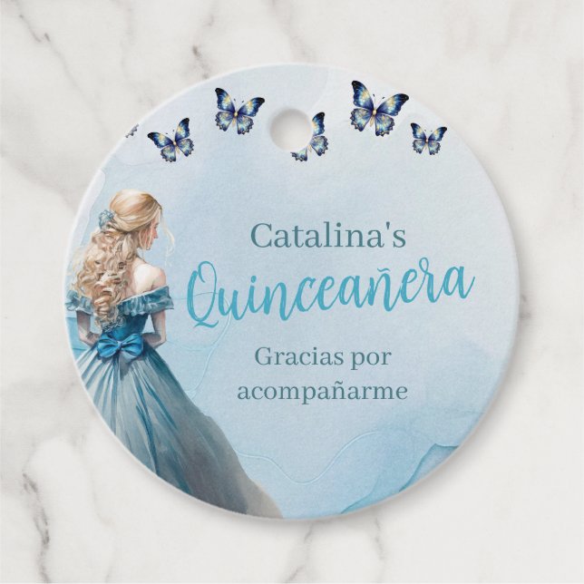 Etiquetas Para Recuerdos Princesa Quinceañera de la mariposa de oro azul (Anverso)