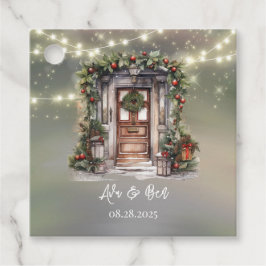 Etiquetas Para Recuerdos Puerta decorada con luces de Navidad con bayas roj