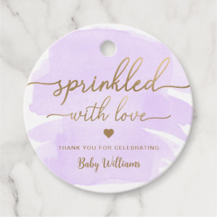 Etiquetas Para Recuerdos Púrpura acuarela salpicada con Baby Shower de amor