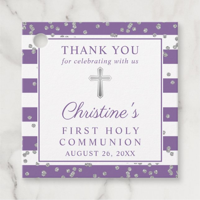 Etiquetas Para Recuerdos Purpurina Plata Purple Primera Comunión Gracias (Anverso)