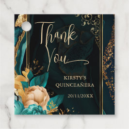 Etiquetas Para Recuerdos Quinceañera Floral de Ágata Teal y Oro de Lujo