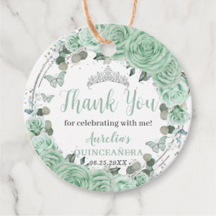 Etiquetas Para Recuerdos Quinceañera Mint Green Floral Silver Butterflies