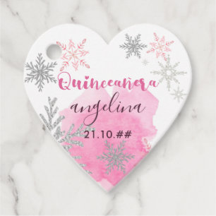 Etiquetas Para Recuerdos Quinceanera rosa y plateada con copo de nieve