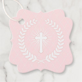 Etiquetas Para Recuerdos Religiosa de color rosa y blanco con cruz