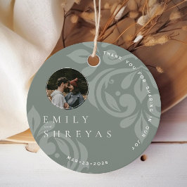 Etiquetas Para Recuerdos Ronda de Boda fotográfico de Olive Damask Classic 