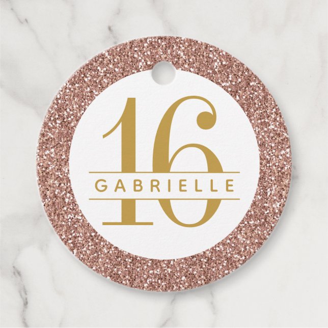 Etiquetas Para Recuerdos Rosa Dorado Purpurina Nombre Dulce Rosa 16 (Anverso)