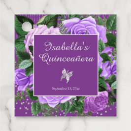 Etiquetas Para Recuerdos Rosa morado Flores Mariposa Plata Quinceañera