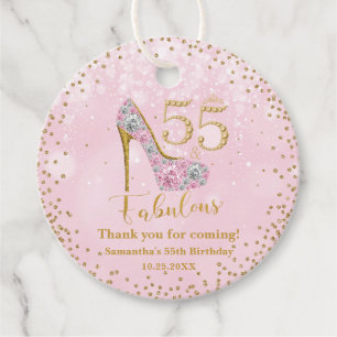 Etiquetas Para Recuerdos Rosa y Oro Cincuenta y Cinco y fabuloso cumpleaños