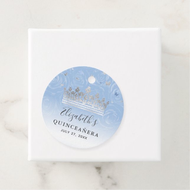 Etiquetas Para Recuerdos Rosas Azules Bebé Luz Plateada Quinceañera Elegant (In situ)