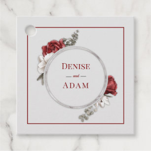Etiquetas Para Recuerdos Rosas Burgundy Blush y Blancas con Hojas de Plata