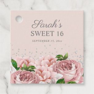 Etiquetas Para Recuerdos Rosas rosadas florales brillo plateado Sweet 16