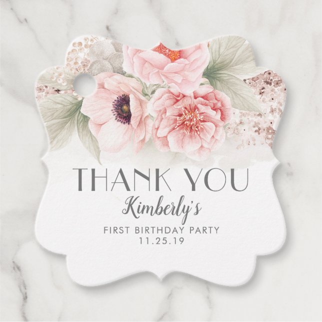 Etiquetas Para Recuerdos Rubor Pink Floral Birday Party Gracias (Anverso)